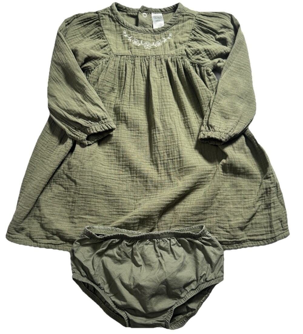 Carter’s Baby Girl 24M Olive Green Gauze Dress Bloomer Set Embroidered